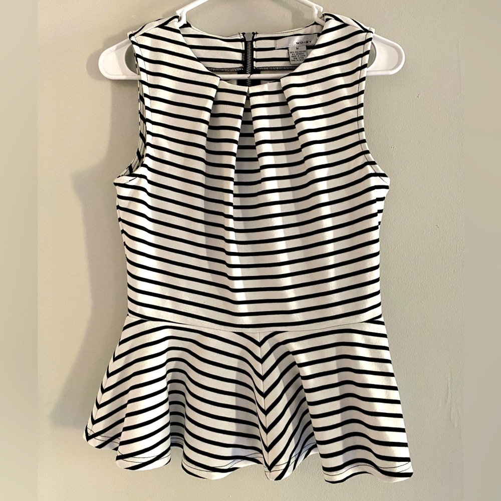 WD.NY Black and White Striped Peplum Sleeveless Top